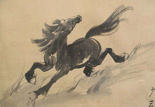 Vintage original Chinese black ink horse painting on silk - signed