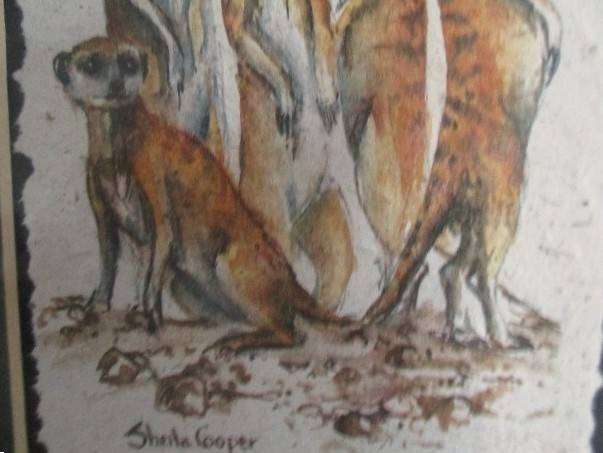 Charming Meerkat family on hand made dung paper framed in naturally foraged genuine Yellowwood frame
