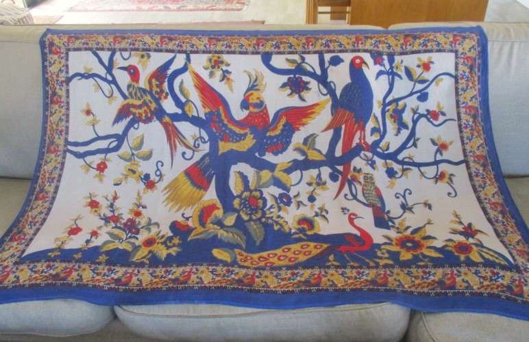 A large hand dyed soft Indian cloth/throw with striking exotic birds