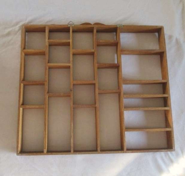 Very large vintage wooden printer's tray with some larger cubicles for your talled/wider treasures