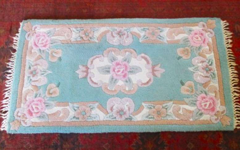 Gorgeous vintage Shanghai hand crafted Chinese rug in duck egg blue