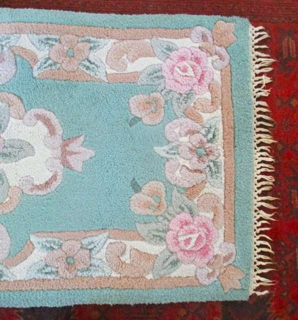 Gorgeous vintage Shanghai hand crafted Chinese rug in duck egg blue