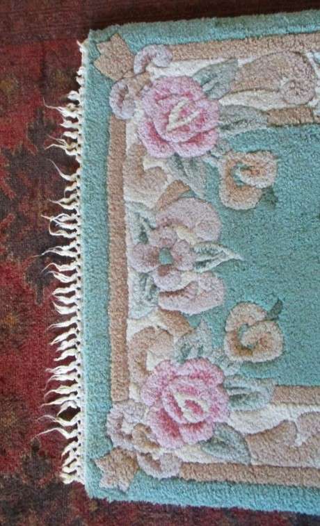 Gorgeous vintage Shanghai hand crafted Chinese rug in duck egg blue