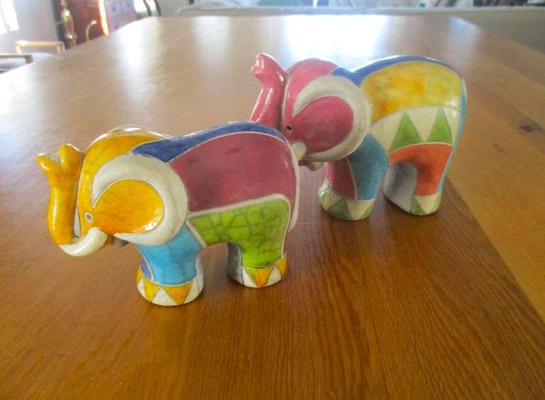 Two nice sized collectable Raku elephants- signed by artists - awesome colours!