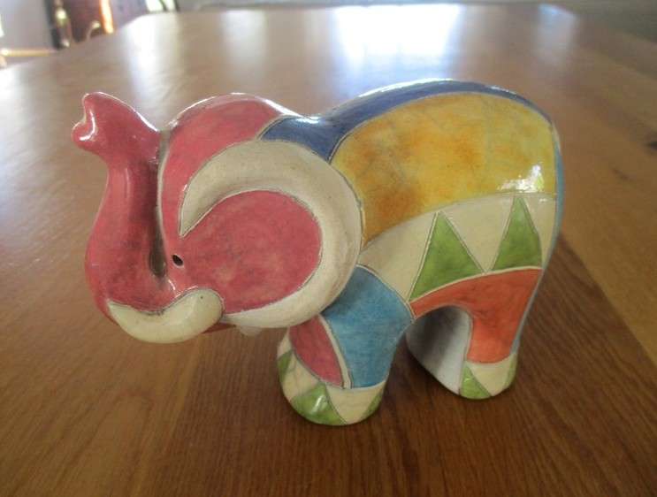 Two nice sized collectable Raku elephants- signed by artists - awesome colours!