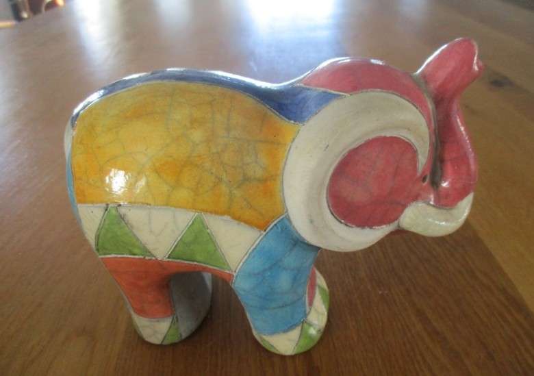 Two nice sized collectable Raku elephants- signed by artists - awesome colours!