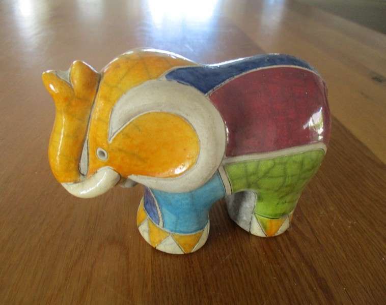 Two nice sized collectable Raku elephants- signed by artists - awesome colours!