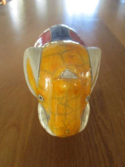 Two nice sized collectable Raku elephants- signed by artists - awesome colours!