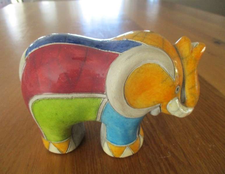 Two nice sized collectable Raku elephants- signed by artists - awesome colours!