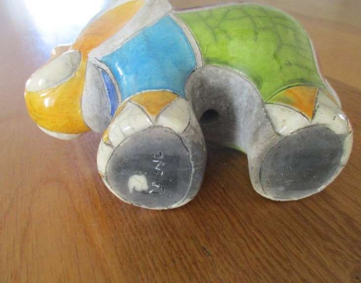 Two nice sized collectable Raku elephants- signed by artists - awesome colours!
