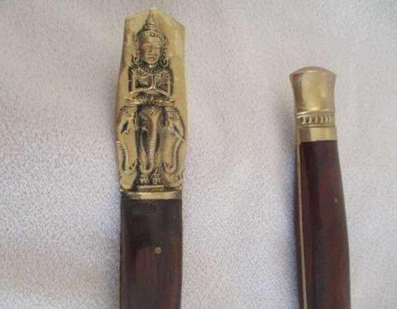 Two large vintage Siam Thailand rosewood and brass ladles