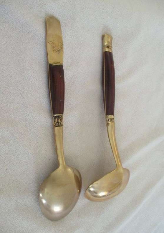 Two large vintage Siam Thailand rosewood and brass ladles