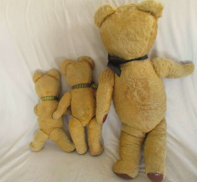 Three real vintage golden mohair Teddy bears - one Merrythought? and two Ark bears