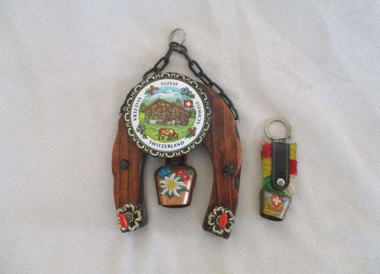 Vintage Swiss cow bell wall hanging key rack plus cute key ring