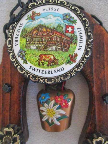 Vintage Swiss cow bell wall hanging key rack plus cute key ring