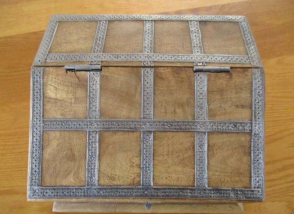 Exceptional vintage/antique solid wood Bible Box with sloping lid and etched metal accents