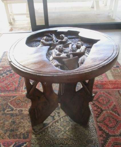 Awesome very heavy hand carved solid wood table from Kampala, Uganda (signed by artist Sekyanzi)
