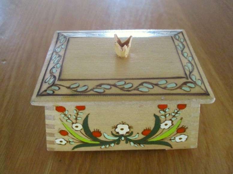 Decorative small vintage hand painted wooden box made in Witney, England