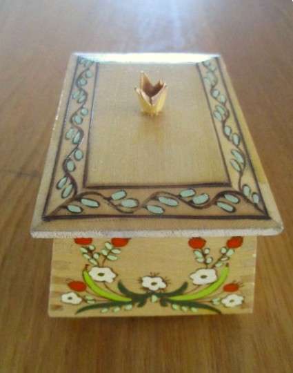 Decorative small vintage hand painted wooden box made in Witney, England