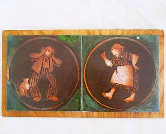 Vintage Irish Hand Painted Tiles on Wood - Nagging Wife & Long-Suffering Husband