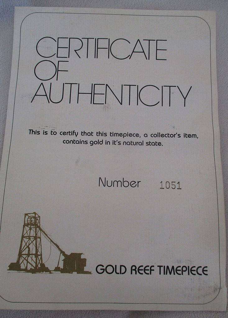 For Zurika & Peter only - Gold Reef Timepiece containing gold in its natural state - in case & COA