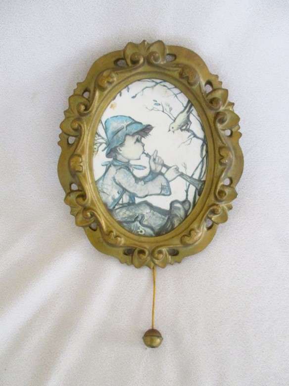 Vintage Hummel musical pull string frame playing Mozart's Wiegenlied - Boy playing flute