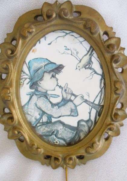 Vintage Hummel musical pull string frame playing Mozart's Wiegenlied - Boy playing flute