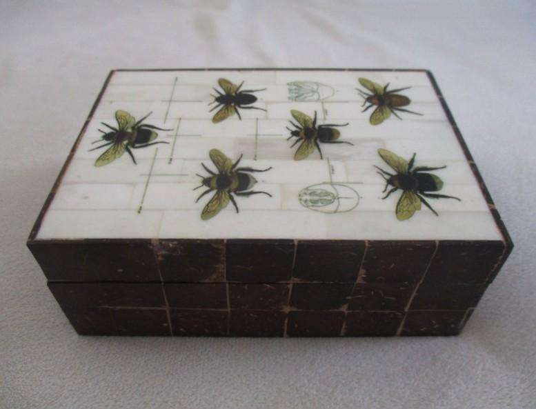 Indonesian hand painted bee box with bone and coconut husk "mosaic" tiles - unique!!