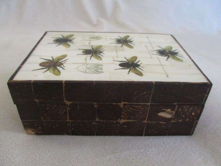 Indonesian hand painted bee box with bone and coconut husk "mosaic" tiles - unique!!