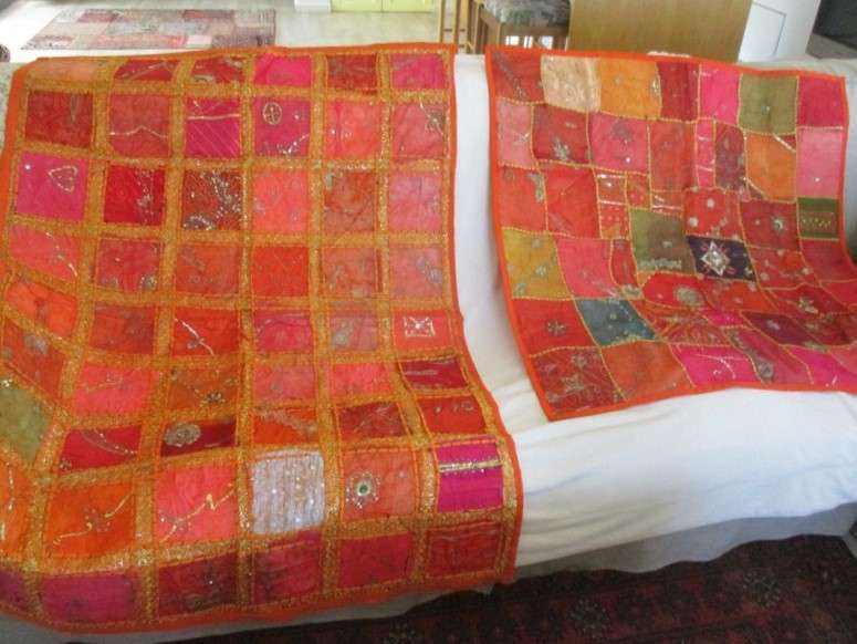 Two vintage ornate hand embroidered Indian/Thai wall hangings/cloths/couch backers