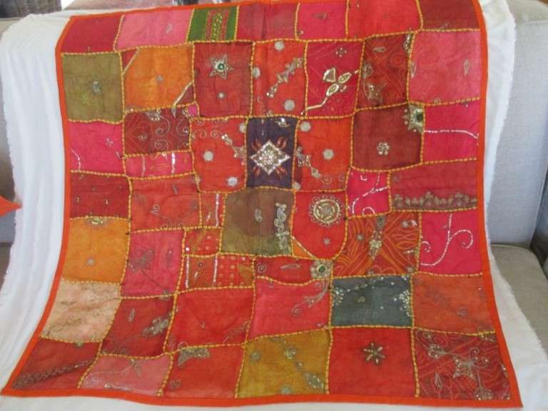 Two vintage ornate hand embroidered Indian/Thai wall hangings/cloths/couch backers