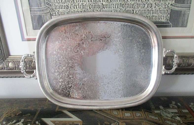 Large, solid vintage silver plated serving tray - beautifully engraved with intricate floral design