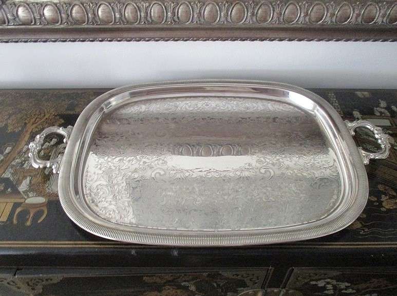 Large, solid vintage silver plated serving tray - beautifully engraved with intricate floral design