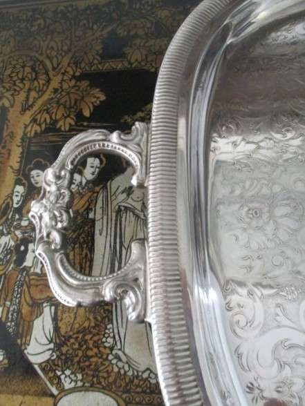 Large, solid vintage silver plated serving tray - beautifully engraved with intricate floral design