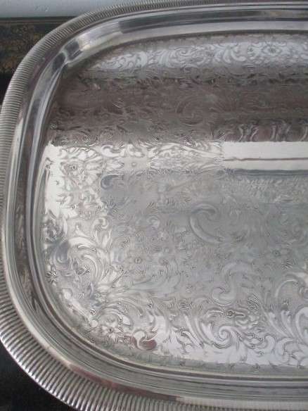Large, solid vintage silver plated serving tray - beautifully engraved with intricate floral design