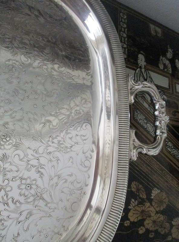 Large, solid vintage silver plated serving tray - beautifully engraved with intricate floral design
