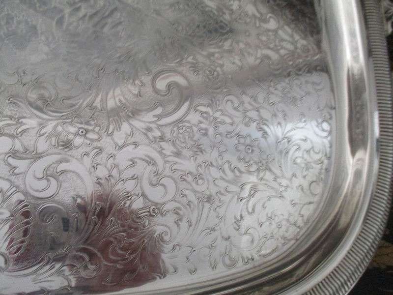 Large, solid vintage silver plated serving tray - beautifully engraved with intricate floral design