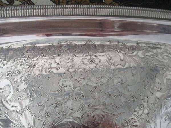 Large, solid vintage silver plated serving tray - beautifully engraved with intricate floral design
