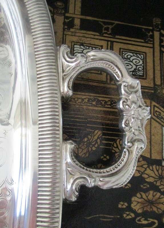 Large, solid vintage silver plated serving tray - beautifully engraved with intricate floral design
