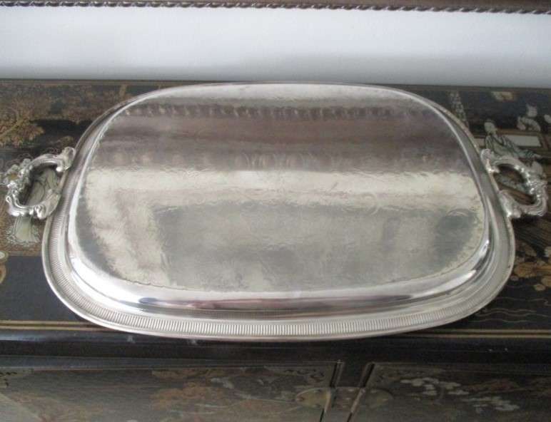 Large, solid vintage silver plated serving tray - beautifully engraved with intricate floral design
