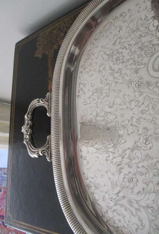 Large, solid vintage silver plated serving tray - beautifully engraved with intricate floral design