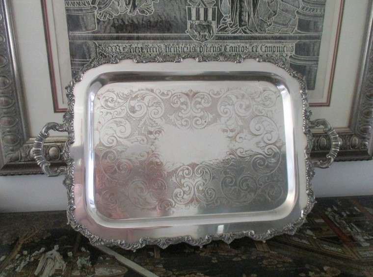 Large, vintage Marlboro, Canada Old English Reproduction footed silver plated serving tray