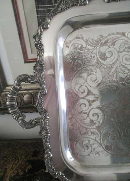Large, vintage Marlboro, Canada Old English Reproduction footed silver plated serving tray