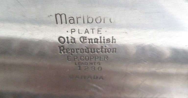 Large, vintage Marlboro, Canada Old English Reproduction footed silver plated serving tray