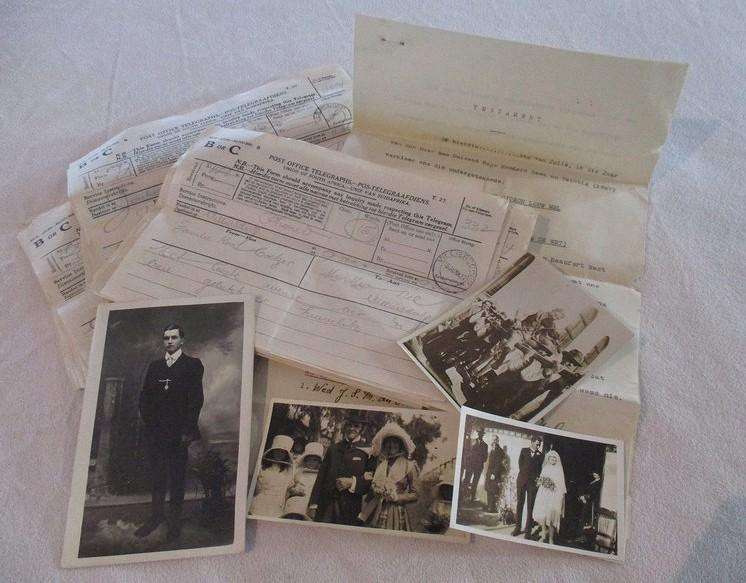 Nostalgic ephemera nearly 100 years old- a wedding in 1927 - photos, telegrams, post card and a will