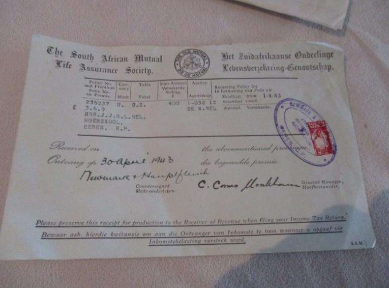 Batch of 22 Assurance company receipts all with Union of South Africa 1d stamps