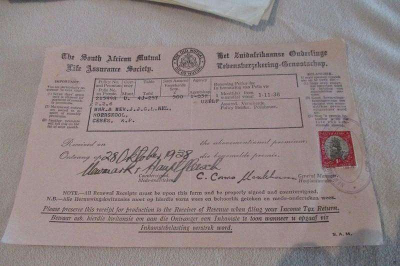 Batch of 22 Assurance company receipts all with Union of South Africa 1d stamps