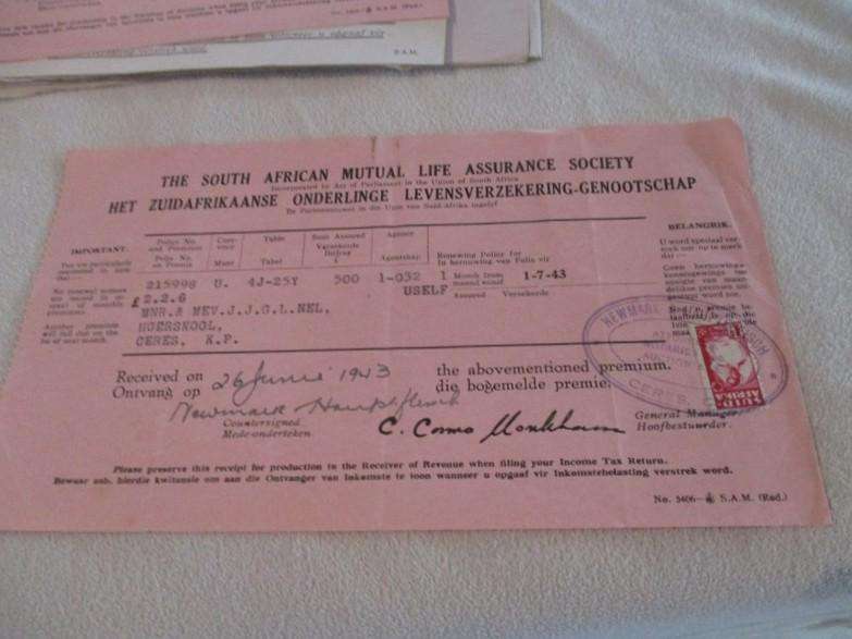 Batch of 22 Assurance company receipts all with Union of South Africa 1d stamps