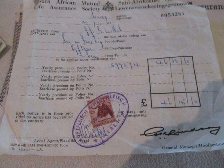 Batch of 22 Assurance company receipts all with Union of South Africa 1d stamps