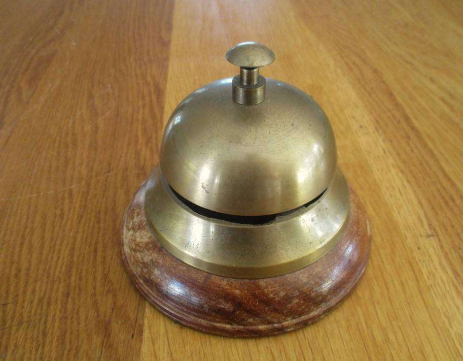 Coffee? Ring for Service!! Vintage brass Hotel Reception service bell on wooden base